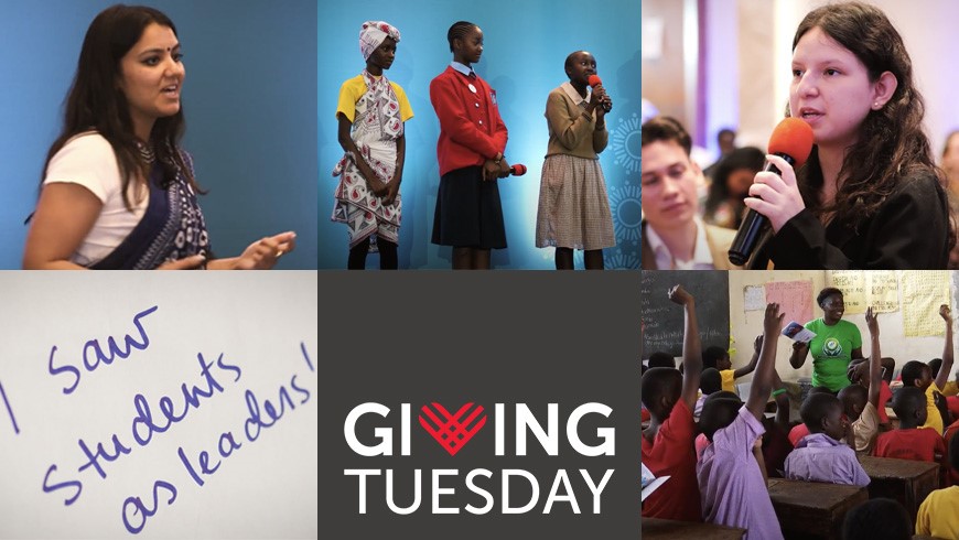 Preview image for the video "Giving Tuesday 2023 - #GivingTuesday" - A collage of images of young people speaking into microphones and a Giving Tuesday logo on a black background.