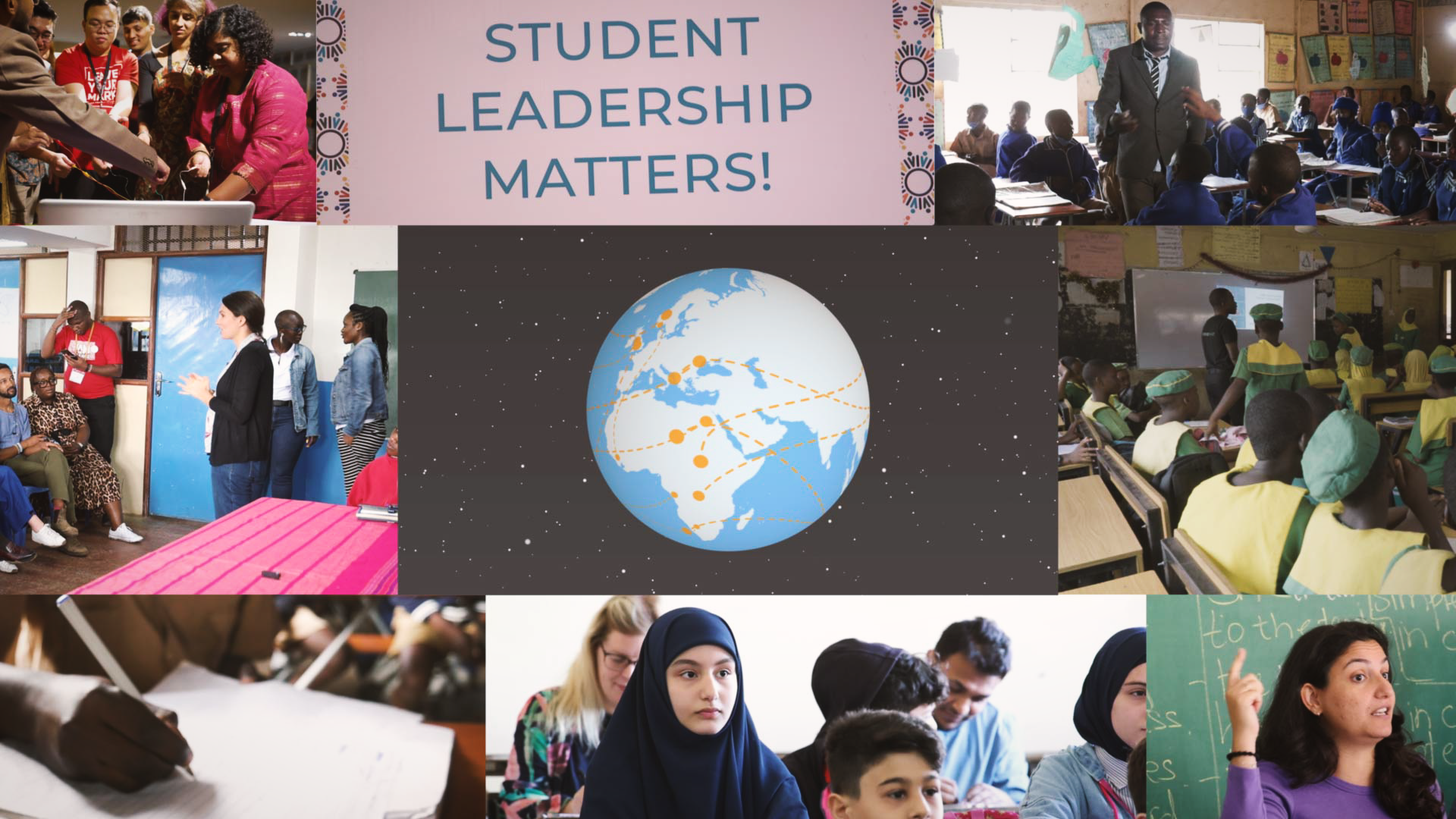 Preview image for the video "End Of Year 2023" - A montage of images of diverse adults and children surround a rectangle with a globe in the middle and starry sky in the background.