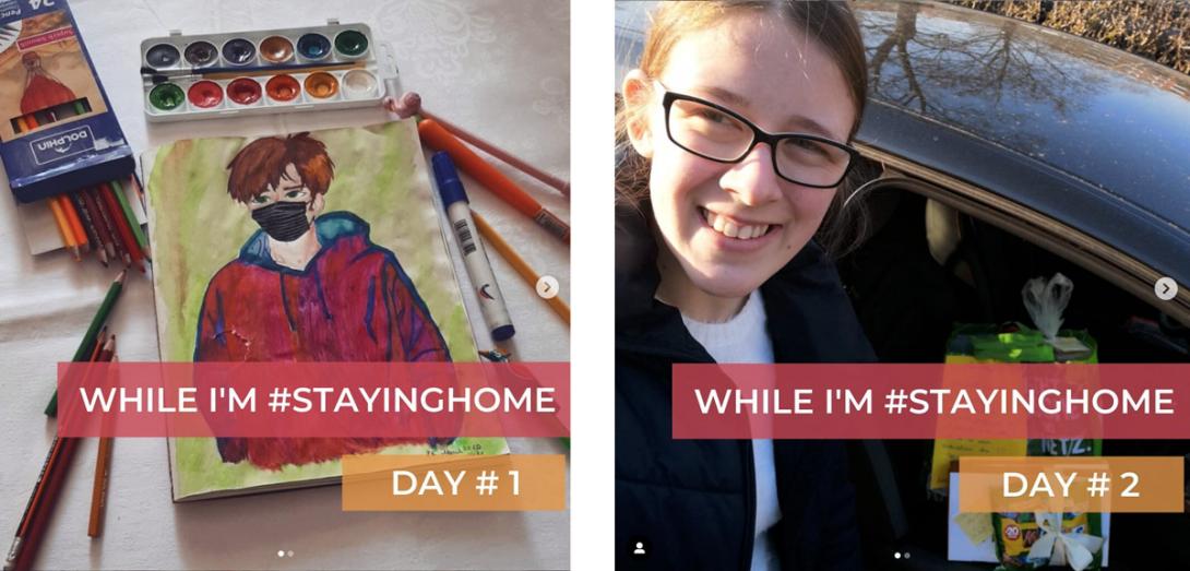 Two Instagram posts of a painting and selfie with